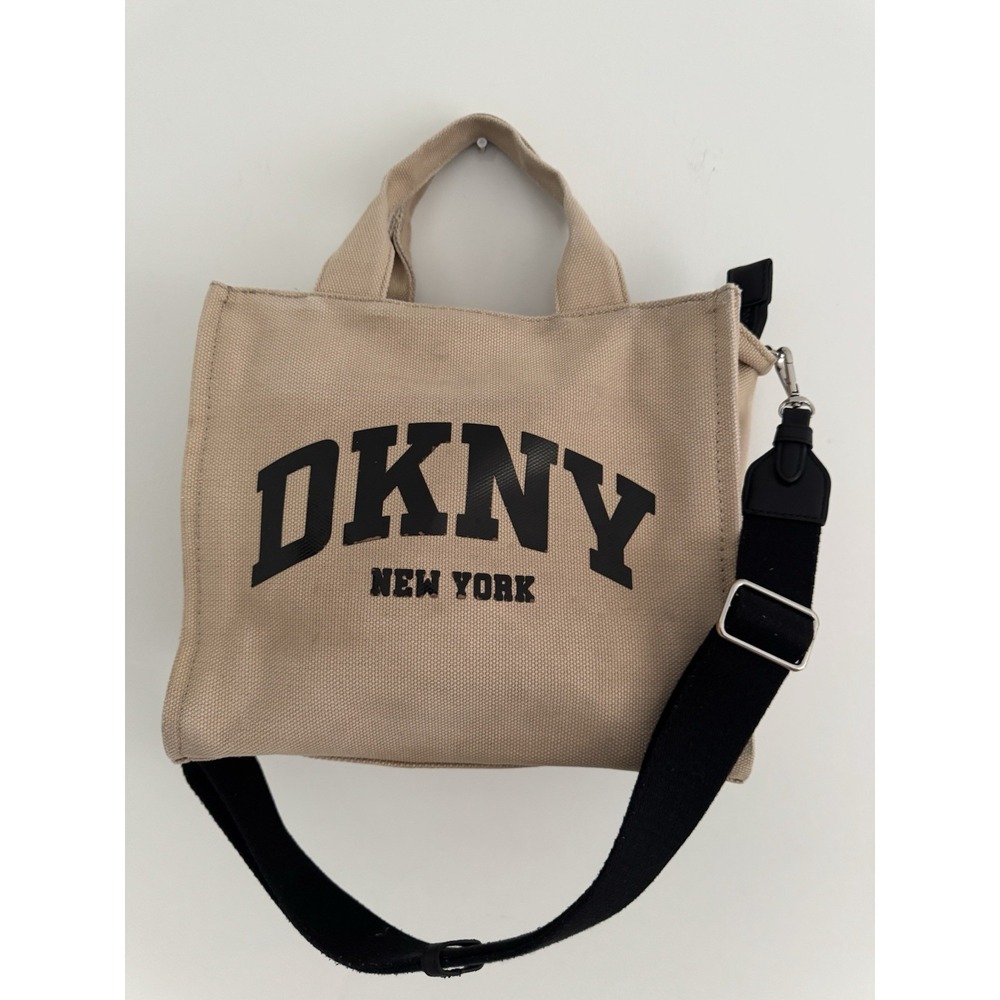DKNY New york Beige Canvas Tote Bag With Black Strap Logo Shoulder Crossbody